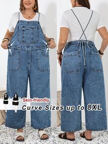 SHEIN CURVE+ 大码纯色休闲连体裤，春夏嘉年华服装，通勤度假毕业时尚Y2K可爱街头风派对婚礼优雅商务休闲女装，大码牛仔背带裤，休闲宽松阔腿连体裤，可调节肩带带口袋，浅蓝色 - 藍色 - 查看 1