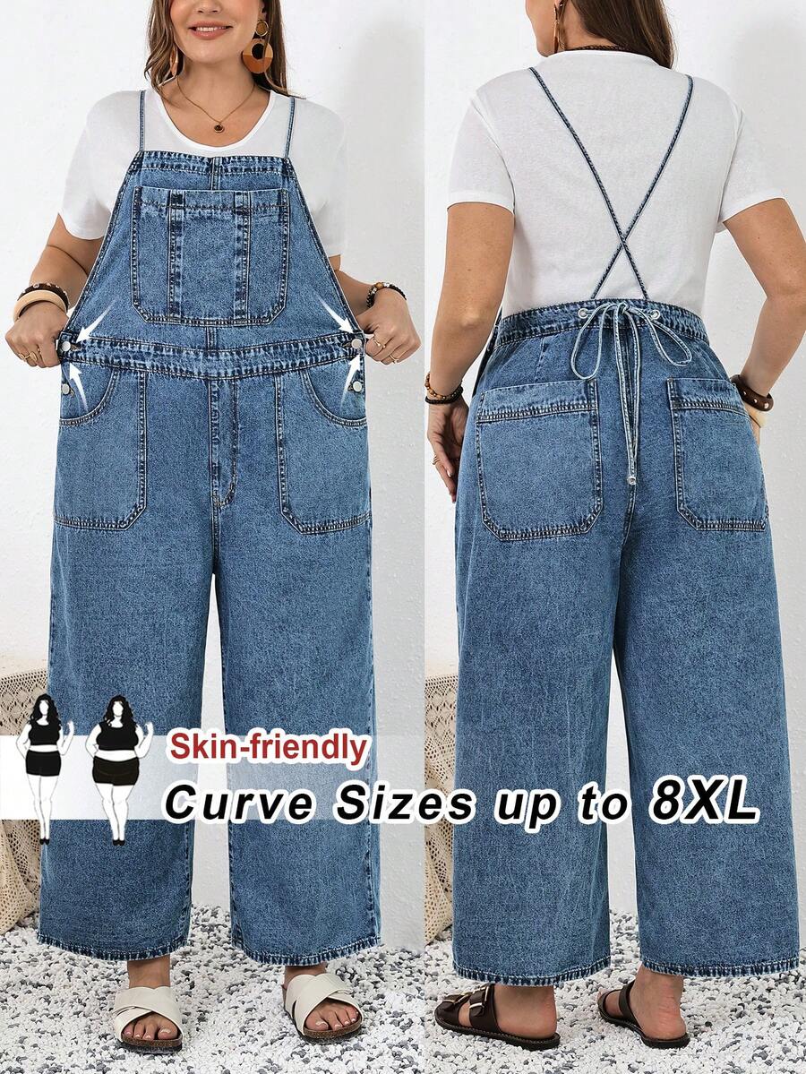 SHEIN CURVE+ 大码纯色休闲连体裤，春夏嘉年华服装，通勤度假毕业时尚Y2K可爱街头风派对婚礼优雅商务休闲女装，大码牛仔背带裤，休闲宽松阔腿连体裤，可调节肩带带口袋，浅蓝色 - 藍色 - 查看 1