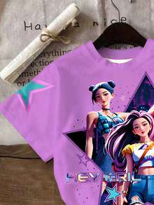 1件可爱韩流女孩印花宽松粉色短袖上衣，适合春、夏、秋、冬四季穿着，情人节送给女孩的绝佳礼物 - 淡紫色 - 查看 5