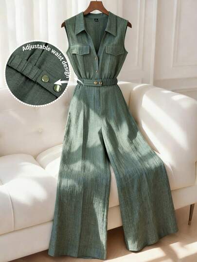 Franclia Mono de talla grande para mujer, de primavera/verano, con estilo francés romántico de Sicilia, elegante y casual, para uso diario, vacaciones, tarde de té. De unicolor, con cuello de camisa, escote en V, frente abierto, hebilla metálica en la cintura, cintura elástica ajustable, bolsillos, sin mangas, largo maxi