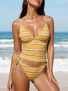 Swim Mod Bộ đồ đi biển mùa xuân/hè 26SS dành cho nữ, trẻ trung, năng động, ngọt ngào, tinh nghịch với họa tiết sọc phối màu, nơ thắt cổ, dây đeo vai mảnh có thể điều chỉnh, áo bikini hai dây trang trí, gợi cảm, tự nhiên, phóng khoáng, phong cách cao bồi miền Tây, hoàng hôn California, phù hợp cho đi biển, kỳ nghỉ và mặc hàng ngày. - Màu vàng - Xem 7