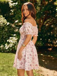 KARISMINA 女士优雅度假风印花浪漫粉色连衣裙，弹性腰身设计，百搭实用，适合春夏穿着 - 粉色 - 查看 2