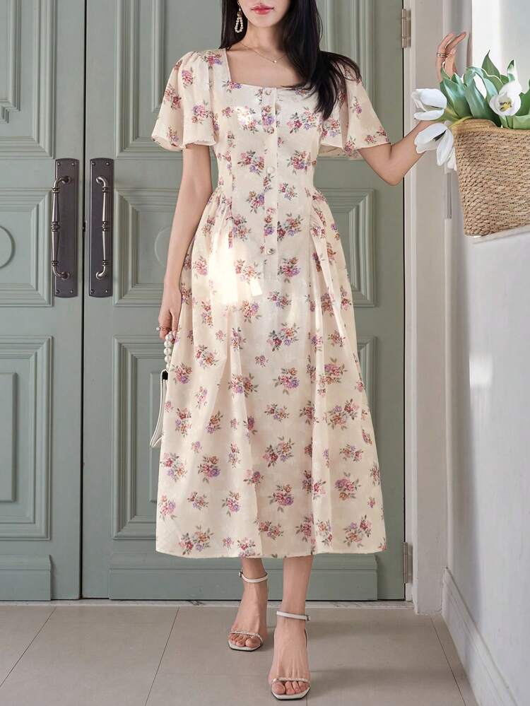 Women's Elegant Floral Print Square Neck Puff Sleeve Midi Dress, Summer Wedding Guest Dress Sundress