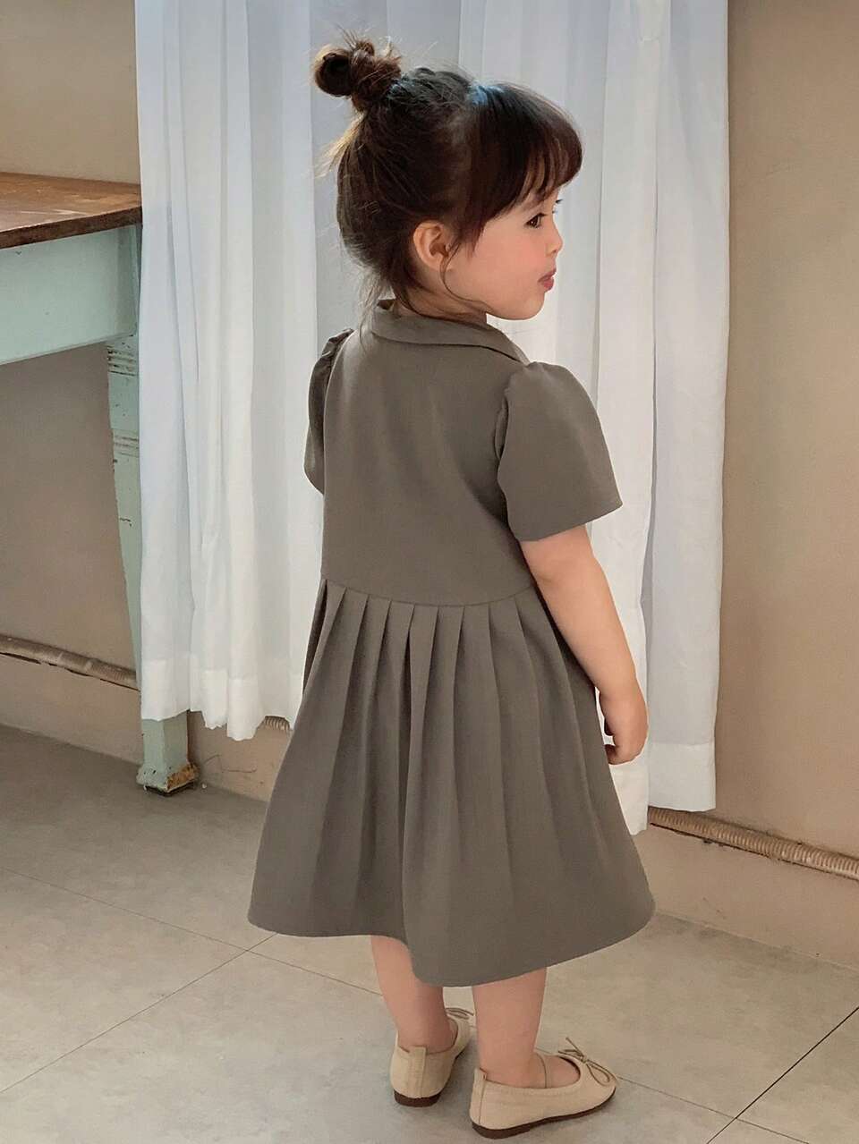 Baby Girl Casual Loose Pleated Collar Short Sleeve Dress, Summer Spring Baby Girls Clothes