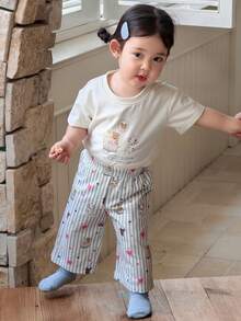 DAZY 2件套女婴卡通印花长袖T恤和条纹休闲裤家居服套装 - 白色 - 查看 8