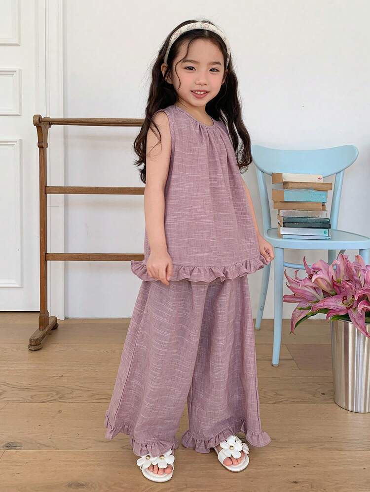 2pcs Young Girls Lace Patchwork Korean Style Sleeveless Shirt And Leggings Set