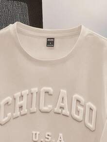 Manfinity Joysei Men's Letter Embossed Slim Fit Short Sleeve T-Shirt, Deep Khaki - Khaki - View 3