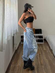 StreetHx Women's Gothic Pattern Drawstring Waist Pockets Wide Leg Loose Casual Jeans - Light Wash - View 3