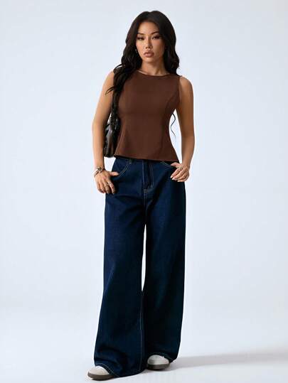 SHEIN PETITE Blusa negra de diseñador de moda de verano para mujer