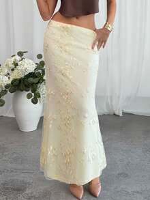 Aloruh 优雅浪漫刺绣网纱拼接半身裙，适合婚礼、约会、情人节等场合，低腰刺绣鱼尾长裙，优雅假日裙 - 杏色 - 查看 4