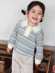 DAZY 女童蕾丝拼接条纹休闲长袖上衣