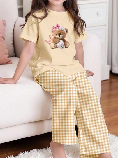 Cute Bear Plaid Pattern, Tween Girl Casual Minimalist Round Neck Short Sleeve T-Shirt And Loose Pants Loungewear, Suitable For Spring/Summer