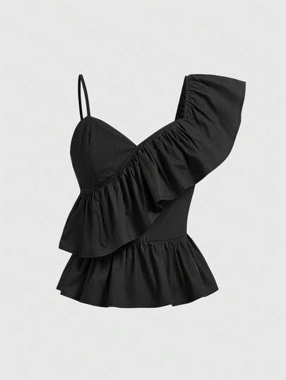 ROMWE Kawaii Women's Summer Fashion Solid Color Ruffle Asymmetric Blouse