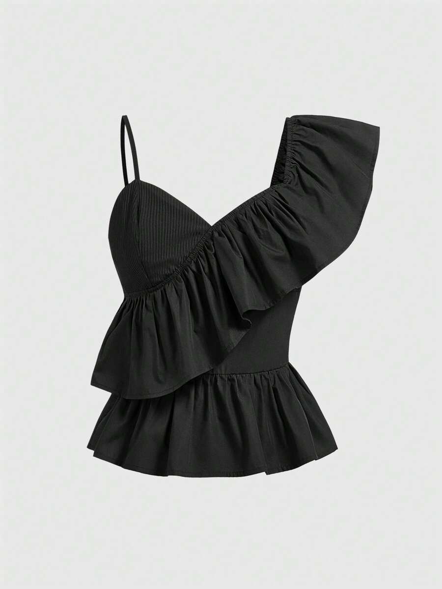 ROMWE Kawaii Women's Summer Fashion Solid Color Ruffle Asymmetric Blouse - Black - View 1