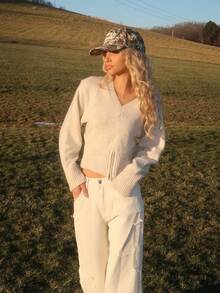 Sydney Algeri V-Neck Zip Hem Relaxed Casual Pullover Sweater For Women In Fall/Winter - Apricot - View 1
