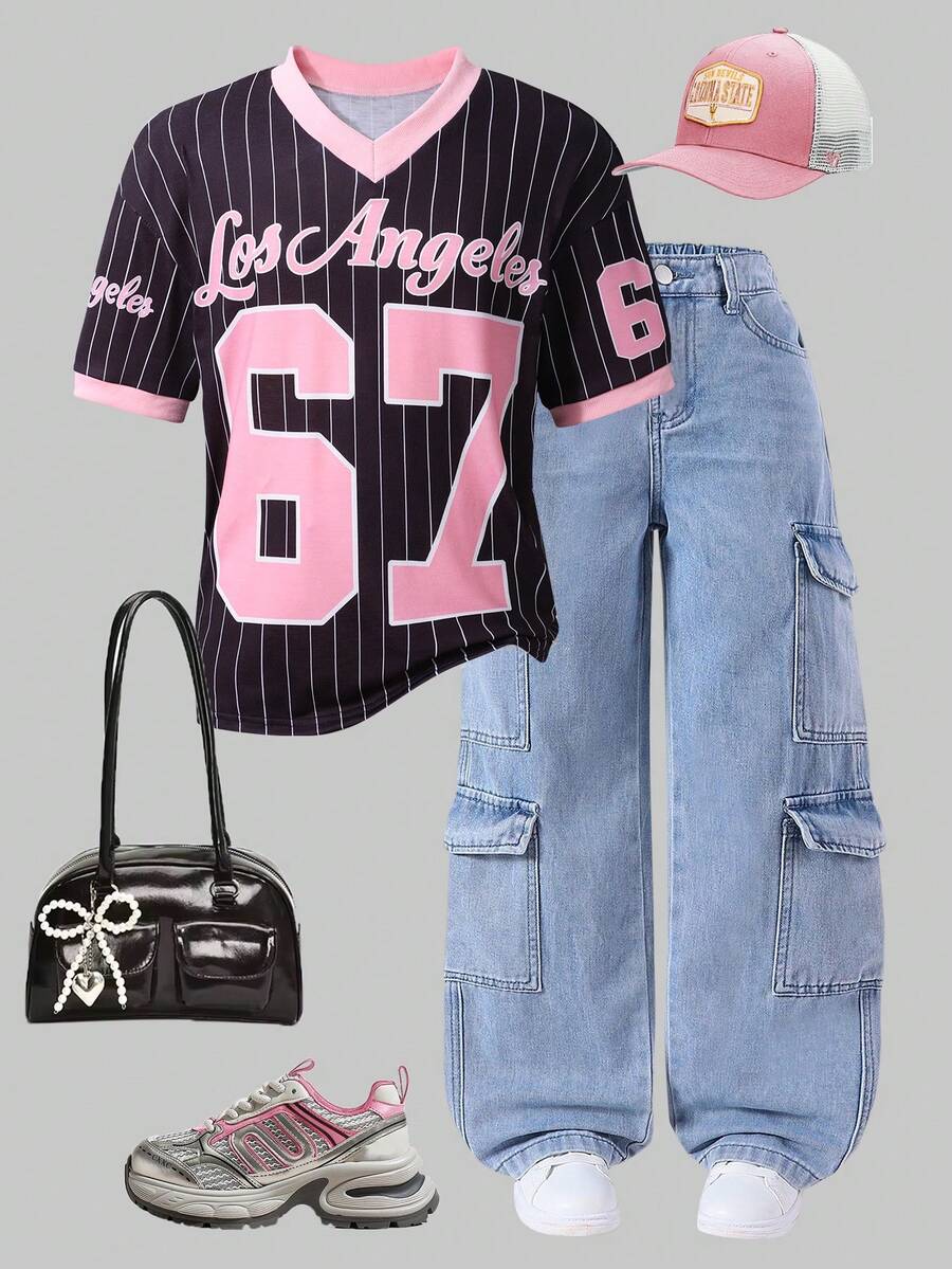 SHEIN Kaos Seragam Ibu & Adik Perempuan Gaya Kasual Amerika Street Style Retro Olahraga Nomor Tim Bergaris Leher V Ukuran Besar Trim Hitam untuk Anak Perempuan Gaya Y2k Remaja Perempuan Gaya 90-an - Hitam - View 1