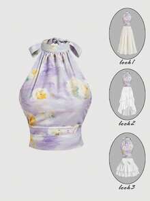 SHEIN MOD 紫色油画花卉印花缎面立领蝴蝶结上衣，完美适用于度假、约会、野餐、派对、舞会、节日和生日；浪漫复古宫廷风格，情人节、狂欢节服装，夏季、春季女装，狂欢节服装 - 紫色 - 查看 2