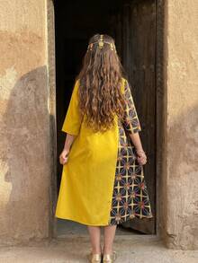 Robe décontractée de style arabe moyen-oriental pour préadolescentes, motif patchwork, jaune vif, convient pour les vacances, les sorties et les voyages - Jaune citron - Voir 2