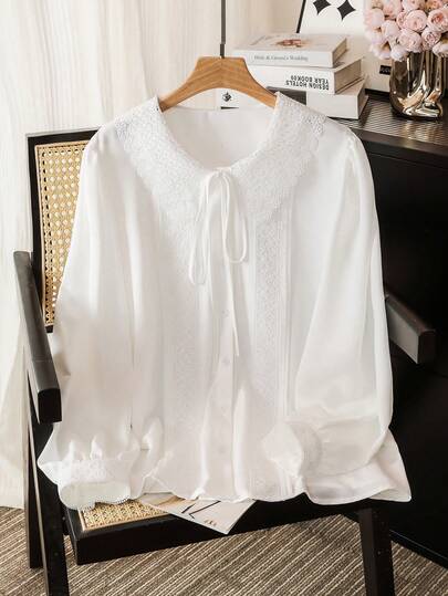 Modelyn 女士优雅独特精致蕾丝拼接领长袖衬衫