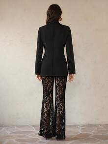SHEIN Tall 女士优雅宽松双排扣长袖西装外套和喇叭蕾丝裤套装，春秋季黑色套装 - 黑色 - 查看 2