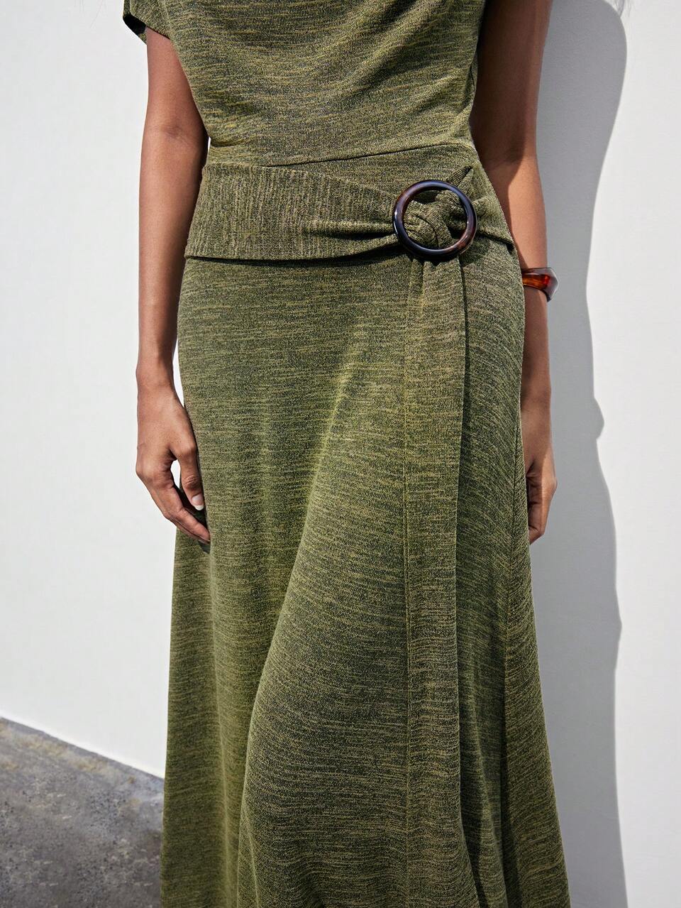 SHEIN Maija Women's Olive Green Summer Elegant Vacation Maxi Dress,Featuring Draped Neckline And Unique Ring Buckle Details,Casual Loose Flowing Silhouette