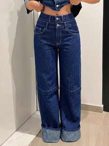 Jeanoix Quần jeans ống rộng cạp đôi dáng casual dành cho nữ, chất liệu wash nhẹ. - Màu xanh lam - Xem 3