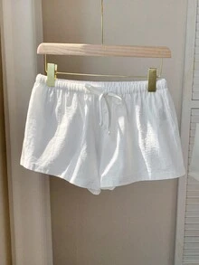 SHEIN PETITE CURVE 大码女式纯色系带腰部休闲宽松短裤 - 白色 - 查看 6