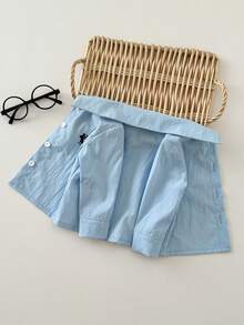 SHEIN Playful Pals 男嬰長袖鈕扣襯衫 水藍色刺繡 Polo 領正裝襯衫 開學季秋季休閒職業日格紋細節 - 藍色 - 查看 5