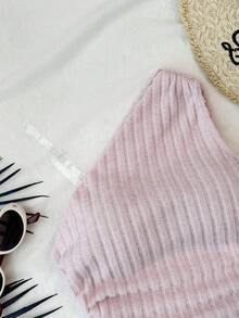 SHEIN Tween Girls' Pink Ribbed Knit Asymmetric Shoulder Ruched Waist Asymmetrical Hem Fitted Camisole Top - Pink - View 3