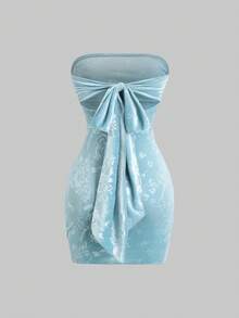 Sweetra 秋冬复古丝绒酒红色压花无肩带性感紧身迷你连衣裙（女款） - 藍色 - 查看 2