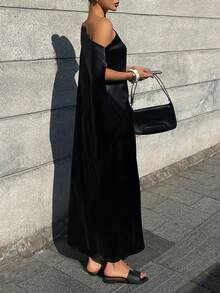 DAZY Vestido de verano elegante de longitud media, de hombros oblicuos, suelto y de unicolor para mujer - Negro - Ver 3