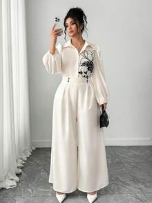 Elenzga Bộ đồ nữ cỡ lớn kiểu dáng thường ngày, áo sơ mi cơ bản in họa tiết tay áo và quần ống rộng, thích hợp cho mùa xuân/hè, đi học, nghỉ hè, lễ tốt nghiệp, các ngày lễ, Lễ tình nhân, Giáng sinh, lễ hội âm nhạc, Ngày của Mẹ, Halloween, Lễ Tạ ơn, Lễ Phục sinh, Ngày Quốc khánh, các buổi khiêu vũ, hẹn hò, tiệc tùng, đám cưới, các hoạt động ngoài trời. - Màu be - Xem 5