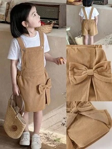 Elladie kids 女童可爱风背带裤，卡其色，3D立体蝴蝶结设计，直筒裤型，灯芯绒面料，柔软舒适，适合上学、通勤、日常穿着，春夏秋冬四季皆宜。 - 卡其色 - 查看 11