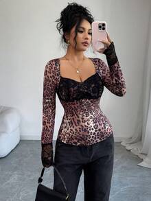 Selianne Women's Fashion Sexy Lace Patchwork Leopard Print Blouse Lace Detail Top Leopard Top - Brown - View 5