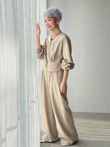 FRIFUL Women's Casual Khaki Jacket And Straight Leg Pants Two Pieces Set, Loose Fit, Versatile For Spring And Summer - Grey - View 6