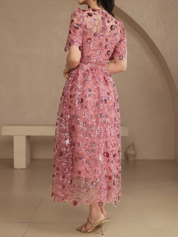 Women's Elegant Sequin Embroidered Mesh Puff Sleeve Midi Dress, Summer Wedding Guest Dress Sundress