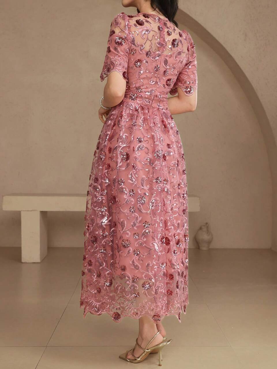 Women's Elegant Sequin Embroidered Mesh Puff Sleeve Midi Dress, Summer Wedding Guest Dress Sundress