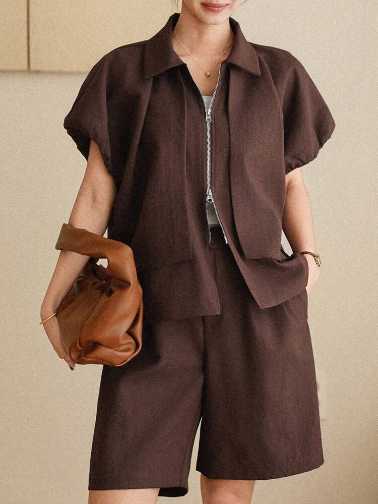 Women's Casual Commuter Solid Color Short Sleeve Top And Shorts 2 Pieces Set, Summer