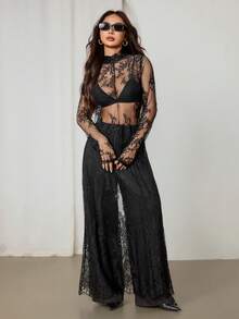 SHEIN PETITE 2025款，适合5-15℃，可叠穿，现代都市风格，黑色蕾丝面料，收腰修身剪裁，女士长裙，优雅百搭，适合日常穿着，新款春夏/夏季派对连衣裙 - 黑色 - 查看 10