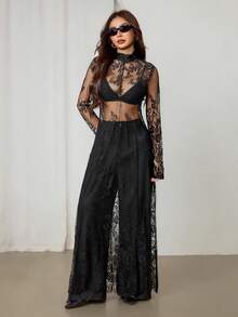 SHEIN PETITE 2025款，适合5-15℃，可叠穿，现代都市风格，黑色蕾丝面料，收腰修身剪裁，女士长裙，优雅百搭，适合日常穿着，新款春夏/夏季派对连衣裙 - 黑色 - 查看 9