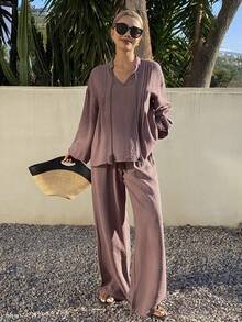 Livesso 2pcs Women Casual Lace-Up V-Neck Top And Pants Set - Rust Brown - View 5