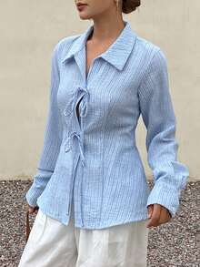 DAZY Women's Casual Striped Tie-Up Shirt, Spring/Summer - Blue - View 3