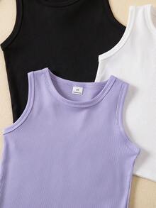 SHEIN Playful Pals 3件套女童纯色圆领简约时尚百搭吊带背心，夏季 - 彩色 - 查看 6