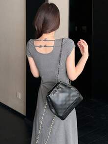 DAZY Women's Solid Color Round Neck Short Sleeve Dress Maxi Dress Sundress - Grey - View 8