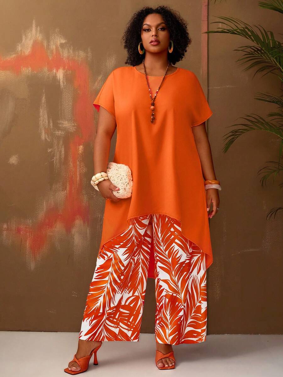 EMERY ROSE Plus Size Women Vacation Solid High-Low Hem Shirt And Tropical Plant Print Wide Leg Pants Set - Multicolor - View 1