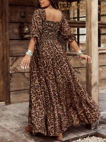 Ceyna Rochie de damă de mărime mare, primăvară/vară, cu imprimeu leopard, decolteu pătrat, mânecă jumătate, talie, linie A, pliată - Multicolor - Vizualizare 2