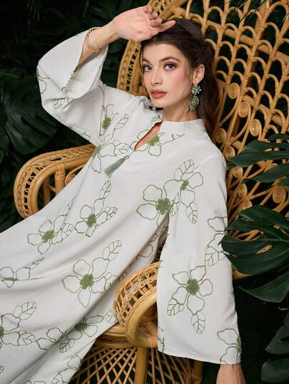 Al Najma Women's Apricot Woven Embroidered Tassel Pendant Long Sleeve Elegant Arabic Dress, Spring/Summer