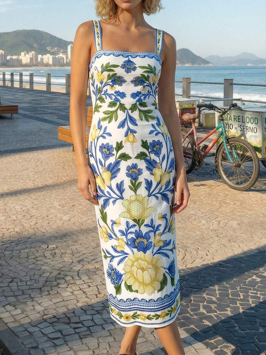 CAJUNI Women's Floral Print Fitted Elegant Spaghetti Strap Vacation Dress - Blue - View 1