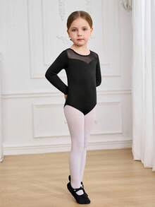 女童专业芭蕾舞长袖紧身衣，经典黑色长袖基础款，网纱拼接，高弹力，适合幼儿和年轻女孩舞蹈服，纯色基础款，适合舞蹈课 - 黑色 - 查看 6