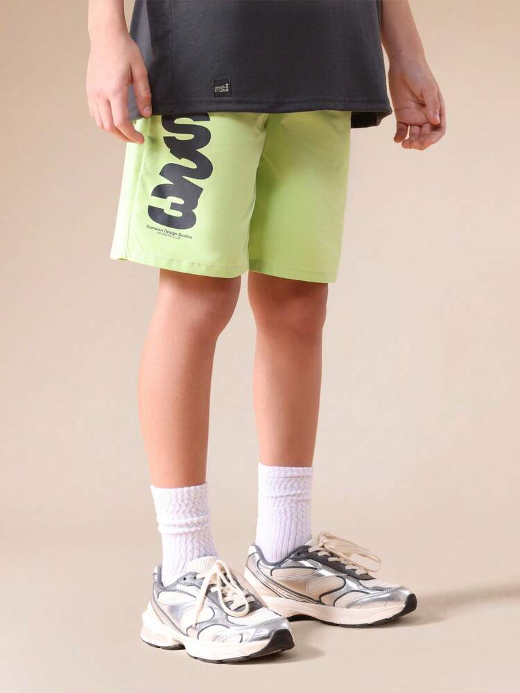 SUMWON Boys Oversized Charcoal T-Shirt And Lime Green Shorts Summer Co-Ord Set With Vertical Text Print Casual Vacation - Black - View 5